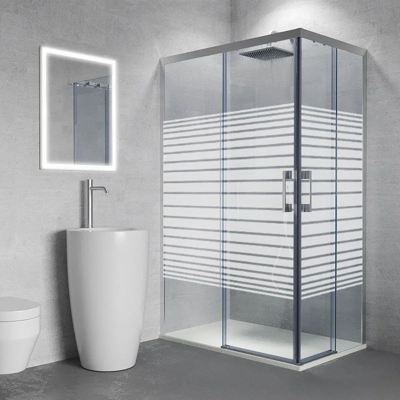 Paroi de douche rectangulaire FLARE ouverture angulaire 2 fixes-2 portes coulissantes SILKSCREEN. Pas de profil inférieur. Avec traitement anti-calcaire. Finition CHROME BRILLANT – Image 4