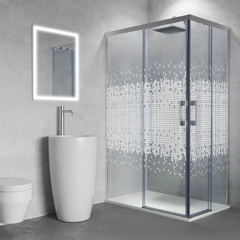 Paroi de douche rectangulaire FLARE ouverture angulaire 2 fixes-2 portes coulissantes SILKSCREEN. Pas de profil inférieur. Avec traitement anti-calcaire. Finition CHROME BRILLANT