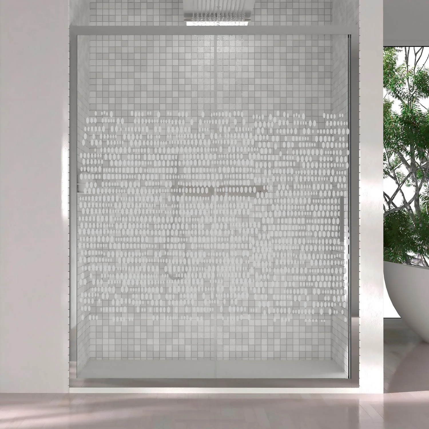 Paroi de douche frontale FRAME 1 fixe -1 porte coulissante sérigraphiée. Finition CHROME BRILLANT – Image 3