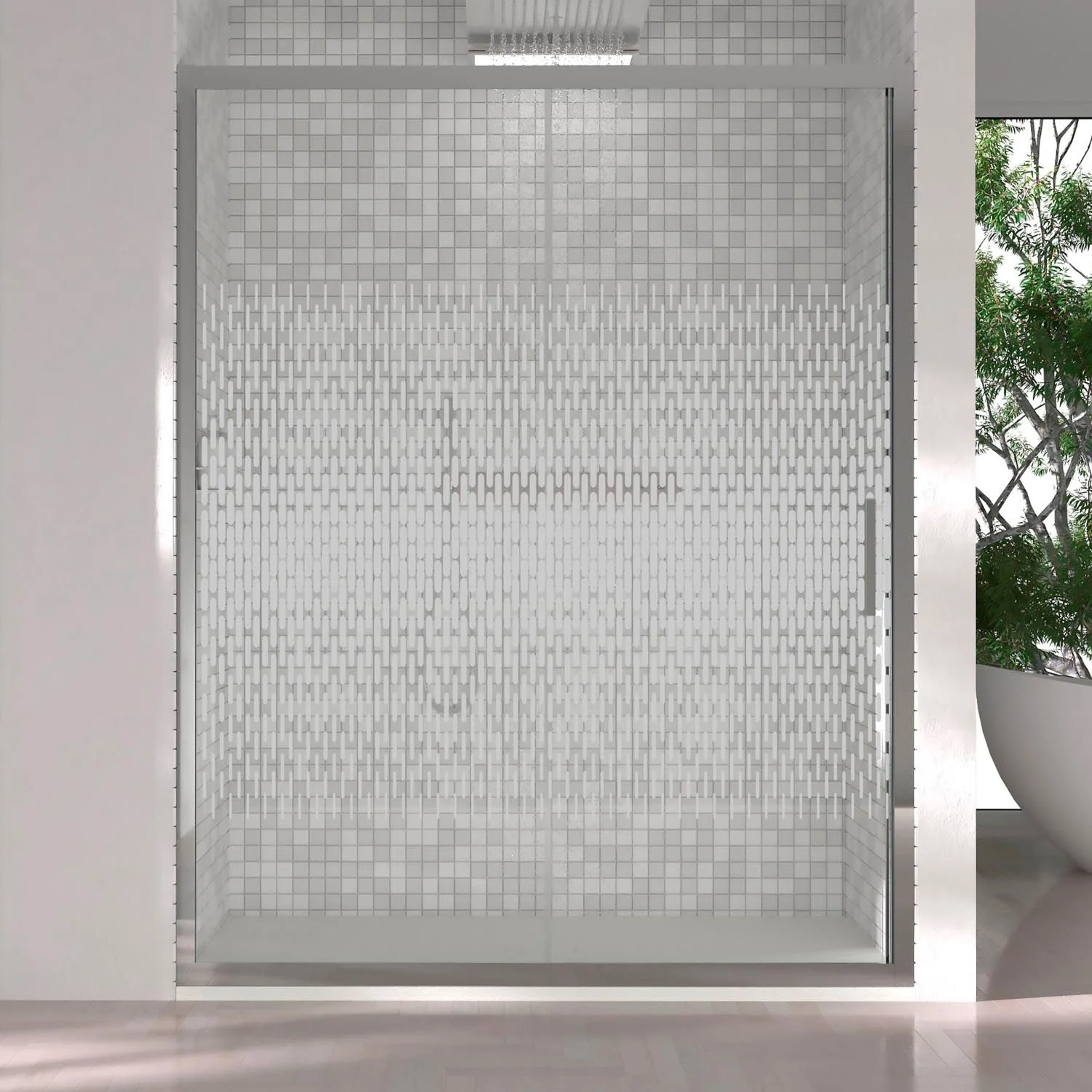 Paroi de douche frontale FRAME 1 fixe -1 porte coulissante sérigraphiée. Finition CHROME BRILLANT – Image 2