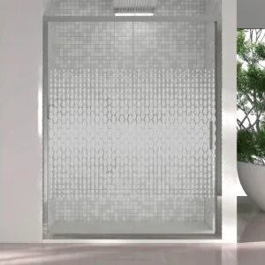 Paroi de douche frontale FRAME 1 fixe -1 porte coulissante sérigraphiée. Finition CHROME BRILLANT