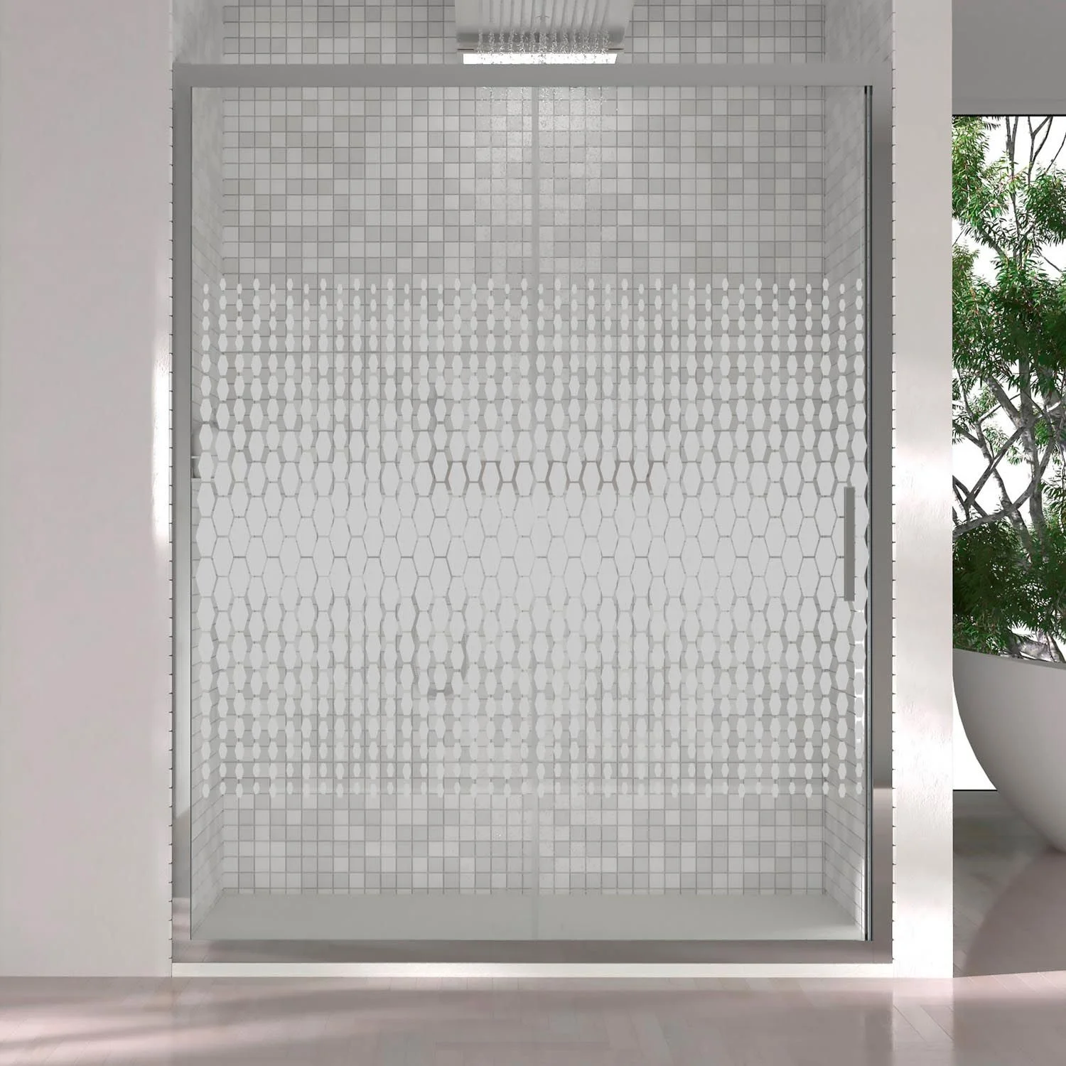 Paroi de douche frontale FRAME 1 fixe -1 porte coulissante sérigraphiée. Finition CHROME BRILLANT