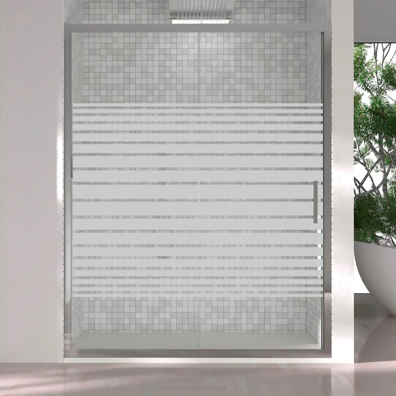 Paroi de douche frontale FRAME 1 fixe -1 porte coulissante sérigraphiée. Finition CHROME BRILLANT – Image 4