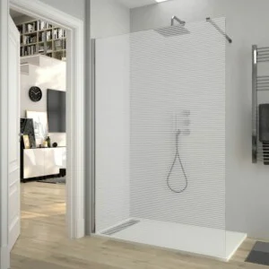 Paroi de douche fixe ZEN avec SÉRIGRAPHIE. Avec traitement anti-calcaire. Finition chrome brillant