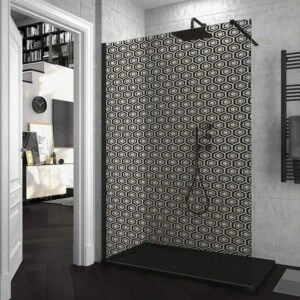 Paroi de douche fixe ZEN avec SÉRIGRAPHIE. Avec traitement anti-calcaire. finition noir mat
