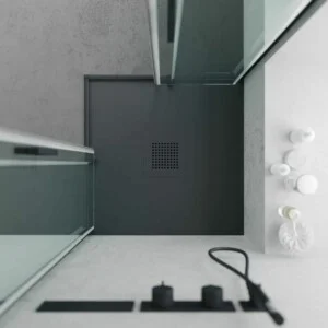 QUADRO Receveur de douche en résine graphite – coloris au choix – texture ardoise – antibactérien et antidérapant. Grille thermolaquée