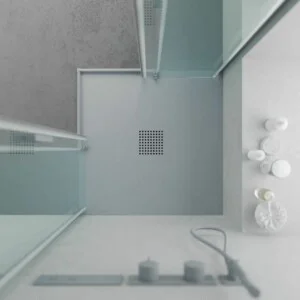 Receveur de douche en résine QUADRO Gris Ciment – ​​coloris au choix – texture ardoise – antibactérien et antidérapant. Grille thermolaquée