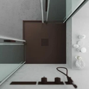 QUADRO Receveur de douche en résine marron - Coloris au choix, texture ardoise antibactérienne et antidérapante. Grille thermolaquée