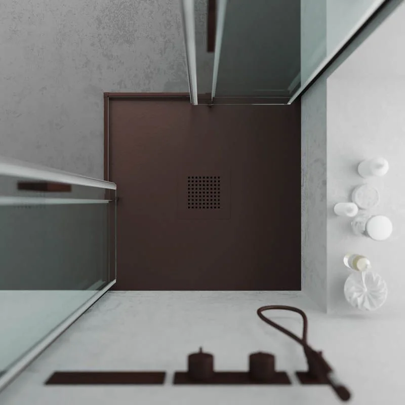 QUADRO Receveur de douche en résine marron - Coloris au choix, texture ardoise antibactérienne et antidérapante. Grille thermolaquée