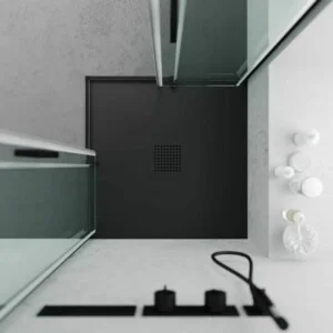 QUADRO Receveur de douche en résine noire – coloris au choix – texture ardoise – antibactérien et antidérapant. Grille thermolaquée