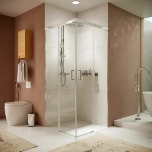 Paroi de douche carrée TECH STEEL 2 fixes – 2 portes coulissantes en verre 8 mm. ACIER INOXIDABLE