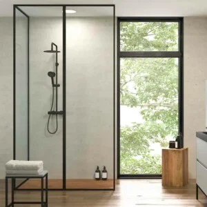 Plafonnier de douche LINE avec profilés cadrés en 3 parties - Verre 4 MM avec traitement anticalcaire inclus - Bras de fixation en acier inoxydable