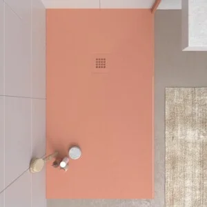 Receveur de douche en résine CLOE Flamingo pink et autres coloris exclusifs avec une texture ardoise antibactérienne et antidérapante. Grille thermolaquée