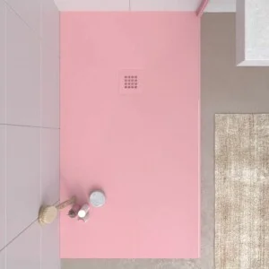 Receveur de douche CLOE en résine rose pâle et autres couleurs exclusives avec une texture ardoise antibactérienne et antidérapante. Grille thermolaquée
