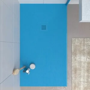 Receveur de douche en résine CLOE Bleu Cobalt et autres couleurs exclusives avec une texture ardoise antibactérienne et antidérapante. Grille thermolaquée