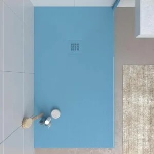 Receveur de douche en résine CLOE Opal Blue et autres couleurs exclusives avec texture ardoise antibactérienne et antidérapante. grille thermolaquée