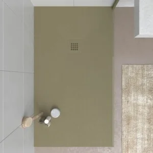 Receveur de douche en résine CLOE Moss et autres couleurs exclusives avec une texture ardoise antibactérienne et antidérapante. Grille thermolaquée