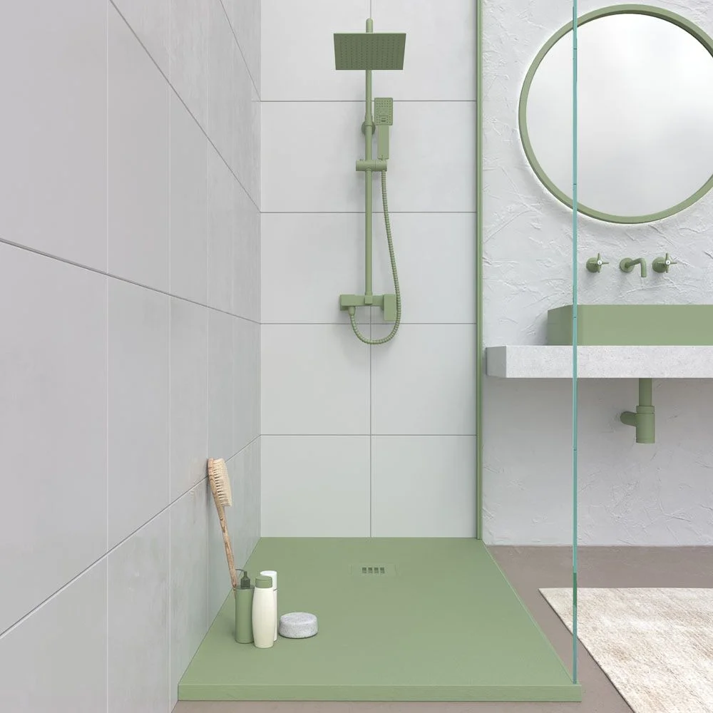 Receveur de douche CLOE en résine vert olive et autres couleurs exclusives avec une texture ardoise antibactérienne et antidérapante. Grille thermolaquée – Image 2