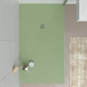 Receveur de douche CLOE en résine vert olive et autres couleurs exclusives avec une texture ardoise antibactérienne et antidérapante. Grille thermolaquée