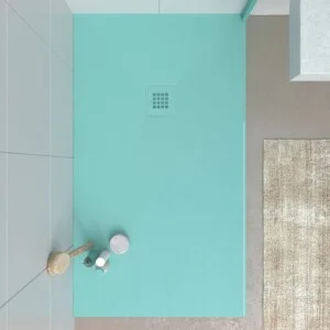 Receveur de douche en résine CLOE turquoise et autres couleurs exclusives avec une texture ardoise antibactérienne et antidérapante. Grille thermolaquée