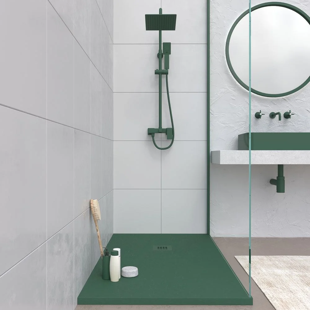 Receveur de douche en résine CLOE Green Water et autres couleurs exclusives avec une texture ardoise antibactérienne et antidérapante. Grille thermolaquée – Image 2