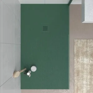 Receveur de douche en résine CLOE Green Water et autres couleurs exclusives avec une texture ardoise antibactérienne et antidérapante. Grille thermolaquée