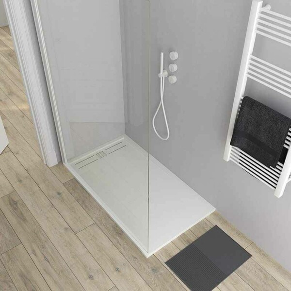 Paroi de douche fixe ZEN Profil Blanc Mat - Verre 8 MM avec traitement anticalcaire inclus - Bras de fixation en inox. extensible. – Image 2