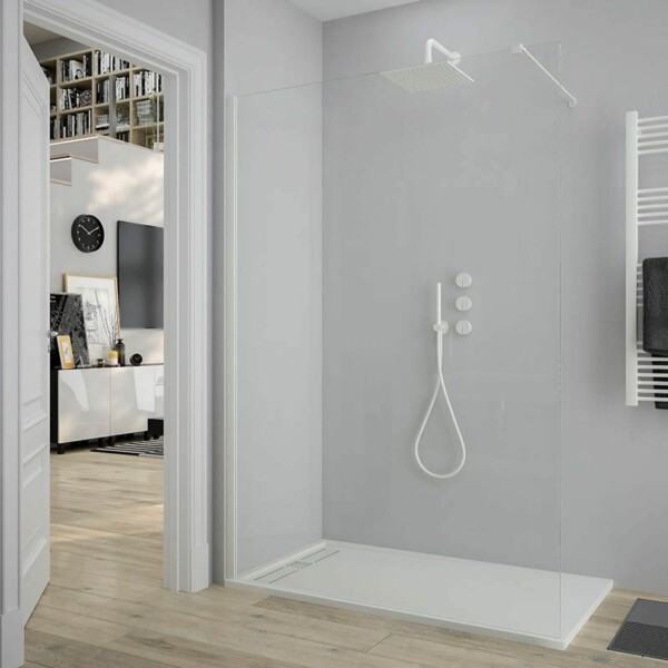 Paroi de douche fixe ZEN Profil Blanc Mat - Verre 8 MM avec traitement anticalcaire inclus - Bras de fixation en inox. extensible.