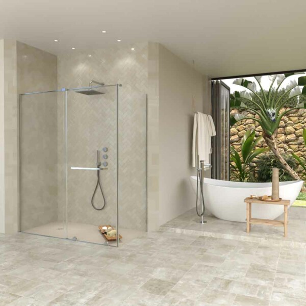 Paroi de douche rectangulaire VERONA ouverture frontale 1 fixe - 1 porte coulissante avec roulettes inférieures + 1 fixe finition CHROME BRILLANT – Image 9