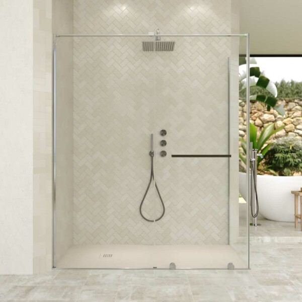 Paroi de douche rectangulaire VERONA ouverture frontale 1 fixe - 1 porte coulissante avec roulettes inférieures + 1 fixe finition CHROME BRILLANT