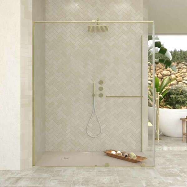 Paroi de douche rectangulaire VERONA ouverture frontale 1 fixe - 1 porte coulissante avec roulettes inférieures + 1 fixe finition OR MAT