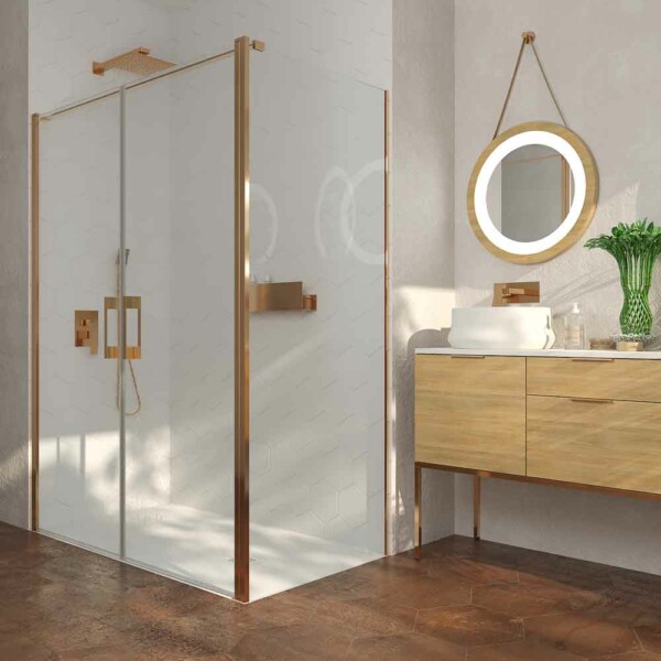 Paroi de douche rectangulaire OPEN 1 fixe - 2 portes battantes sur mesure. CUIVRE MAT