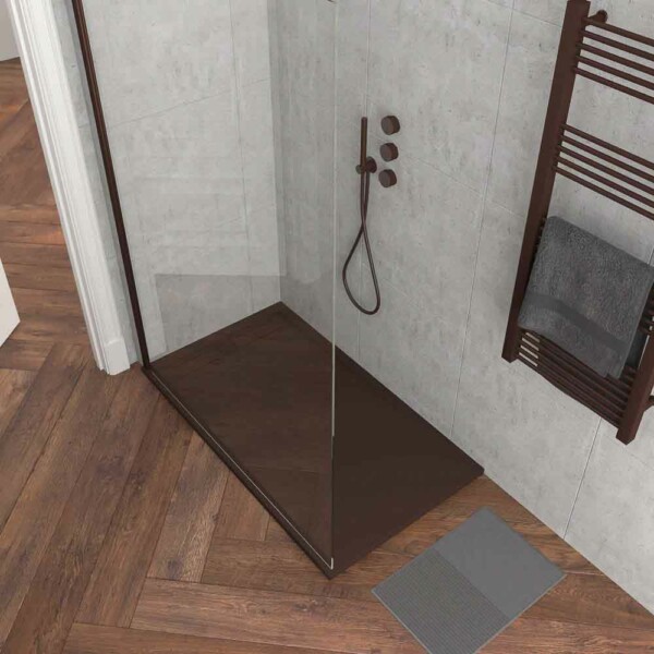 Receveur de douche en résine avec cadre URBAN CROME Texture ardoise antibactérienne et antidérapante marron. Couleurs au choix. grille cachée – Image 2