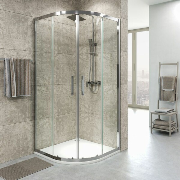 FRAME paroi de douche semi-circulaire 2 fixes-2 portes coulissantes en verre transparent. Avec traitement anti-calcaire. Finition CHROME BRILLANT