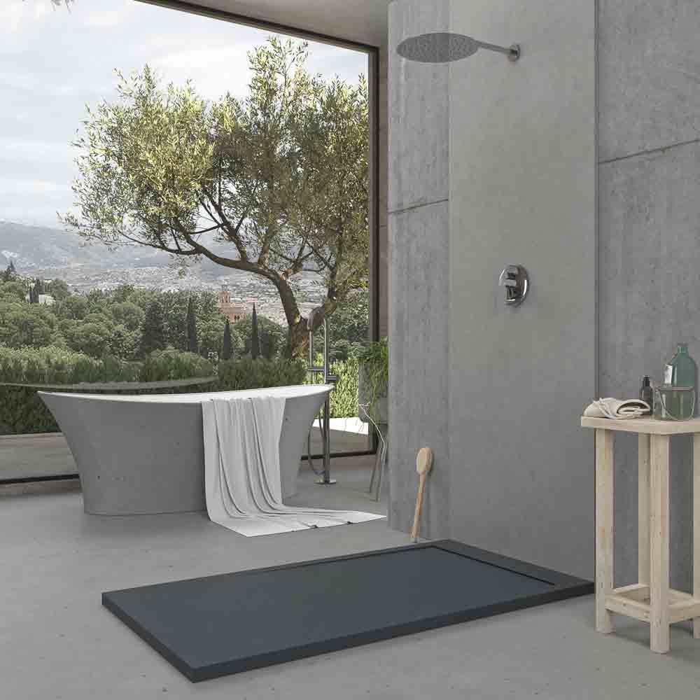 Receveur de douche en résine avec cadre URBANSTONE Graphite RAL 7016, texture ardoise, antibactérien et antidérapant. Couleurs au choix. Grille cachée – Image 3