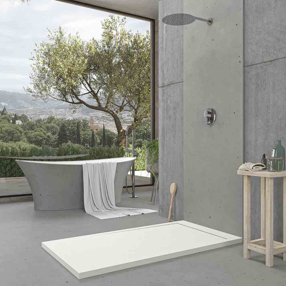 Receveur de douche en résine avec cadre URBANSTONE Blanc RAL 9003, texture ardoise, antibactérien et antidérapant. Couleurs au choix. Grille cachée – Image 3