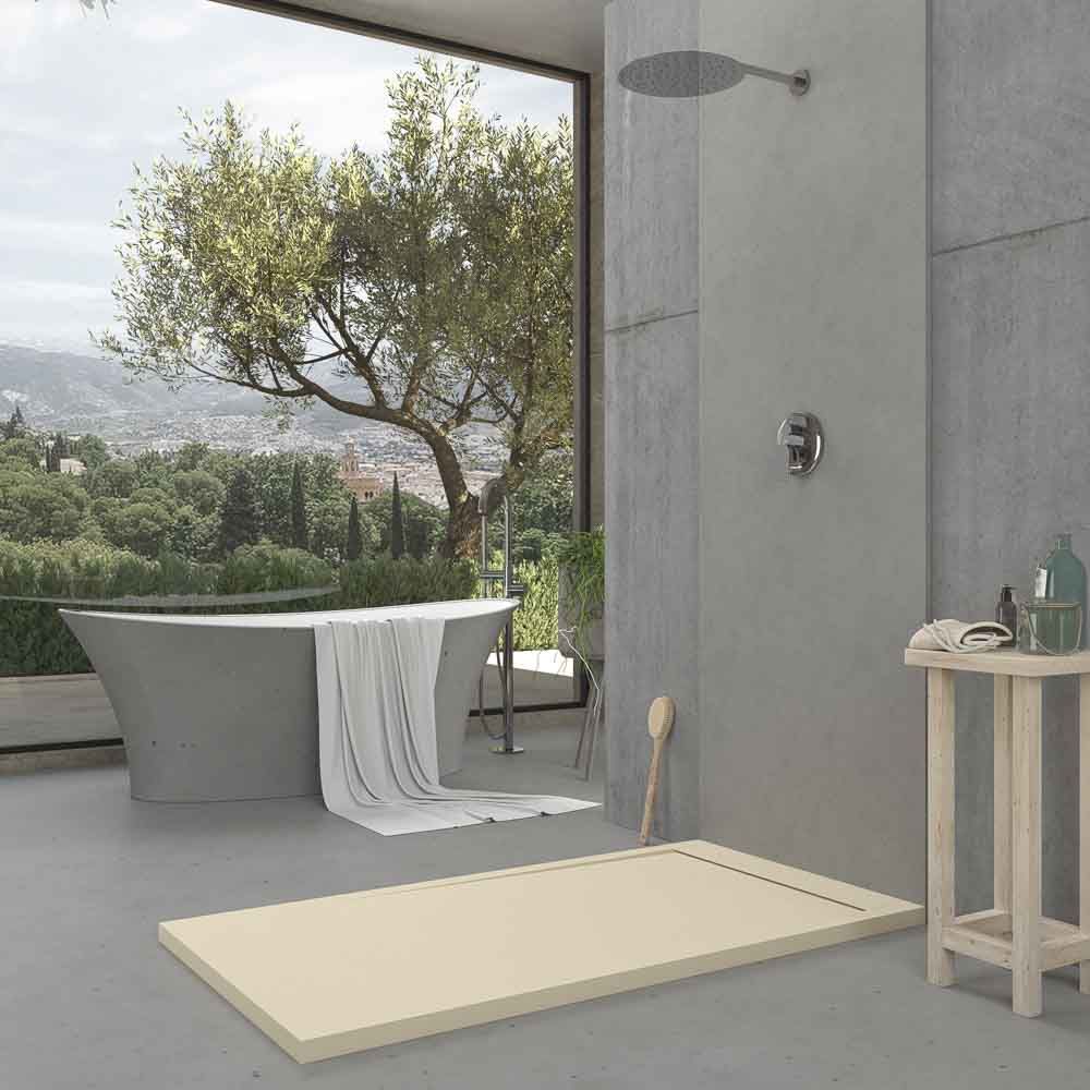 Receveur de douche en résine avec cadre URBANSTONE Ivoire RAL 1015, texture ardoise, antibactérien et antidérapant. Couleurs au choix. Grille cachée – Image 3
