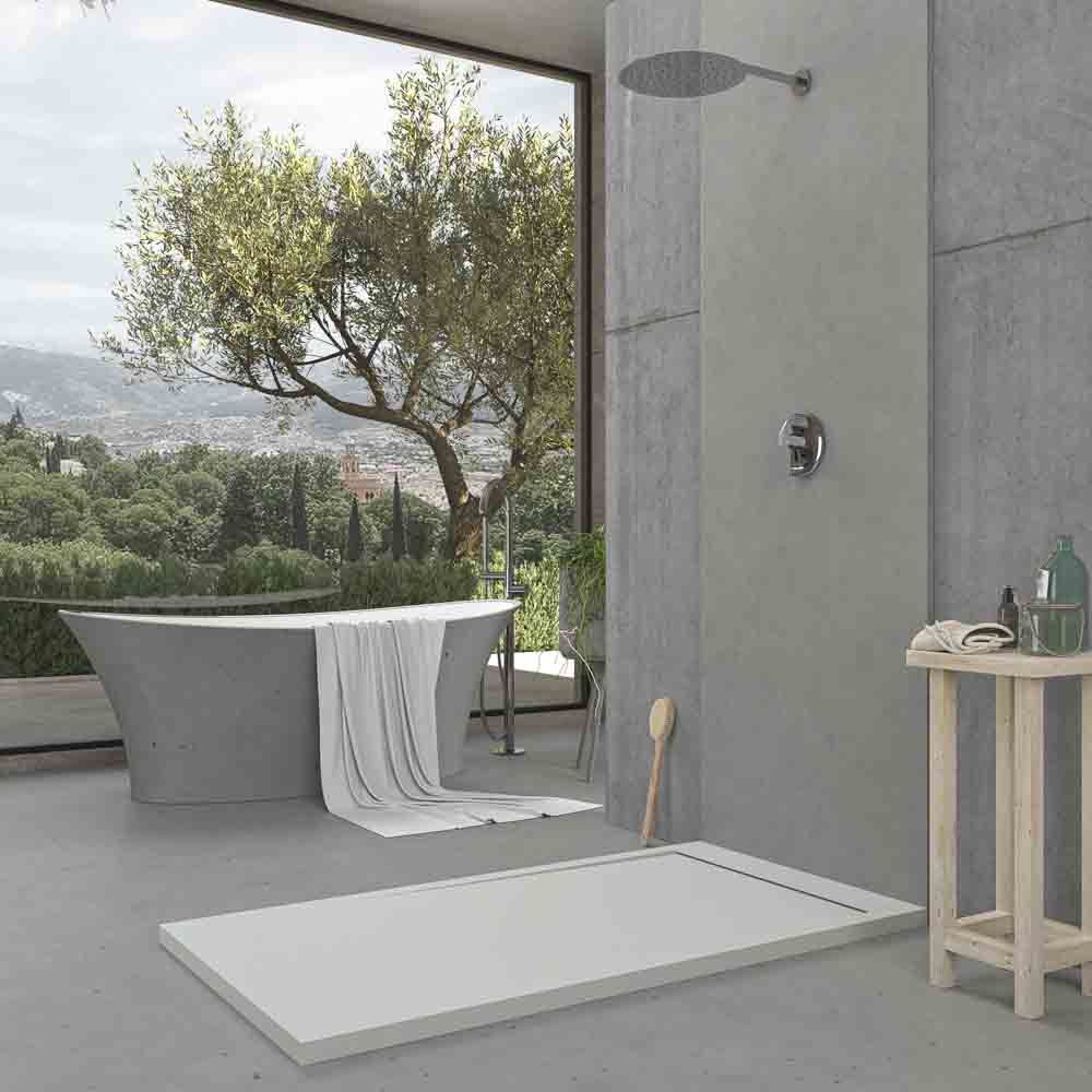 Receveur de douche en résine avec cadre URBANSTONE Sable RAL 7035, texture ardoise, antibactérien et antidérapant. Couleurs au choix. Grille cachée – Image 3