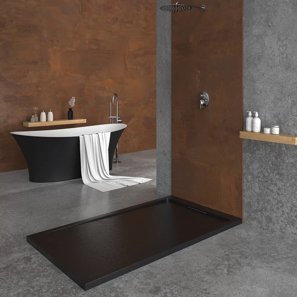 Receveur de douche en résine STYLE – couleur noire RAL-9005 et autres – texture ardoise – antibactérien et antidérapant. grille cachée – Image 4