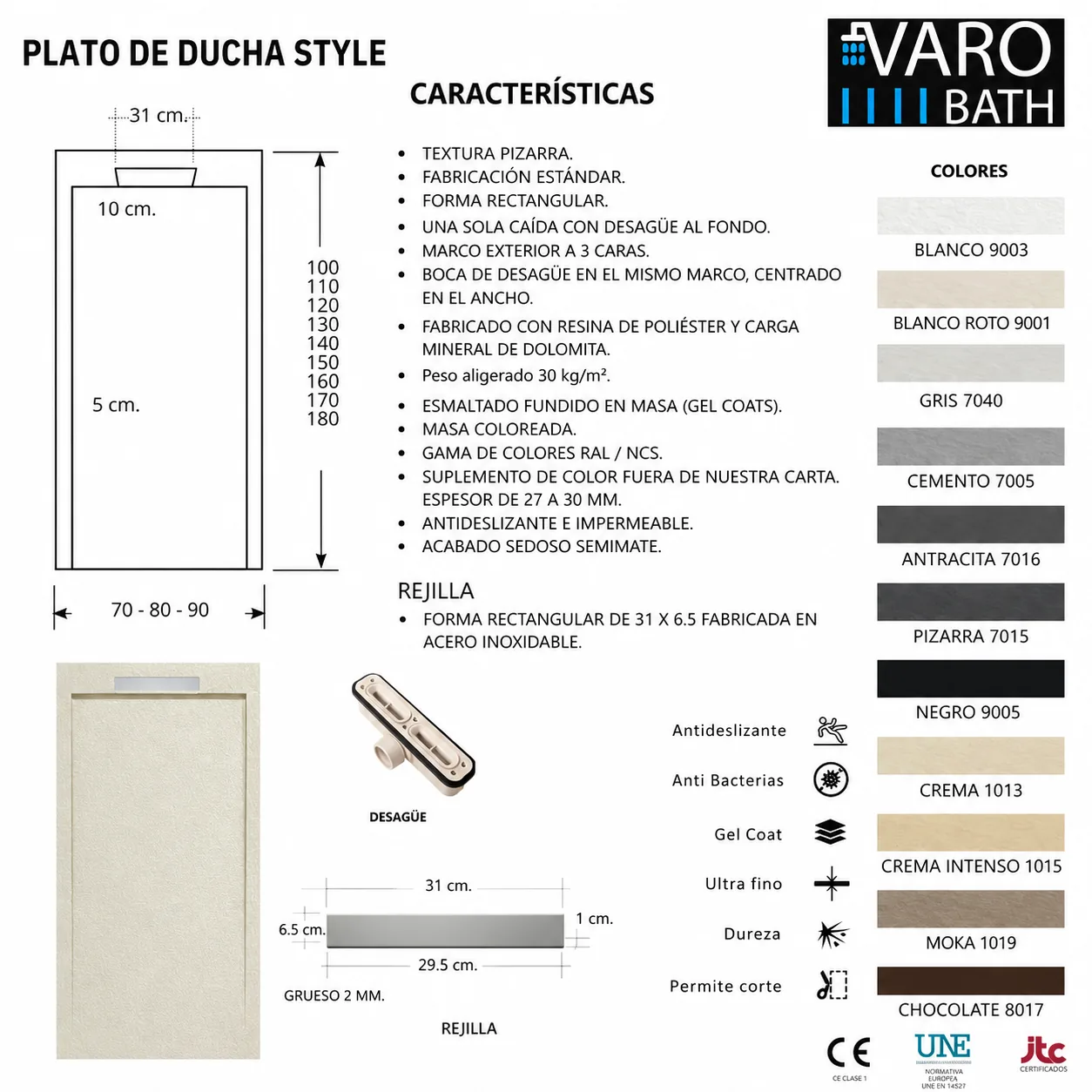 Receveur de douche en résine STYLE – couleur gris RAL-7040 et autres – texture ardoise – antibactérien et antidérapant. grille cachée – Image 6