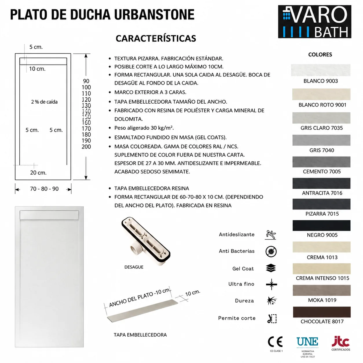 Receveur de douche en résine avec cadre URBANSTONE Ivoire RAL 1015, texture ardoise, antibactérien et antidérapant. Couleurs au choix. Grille cachée – Image 5